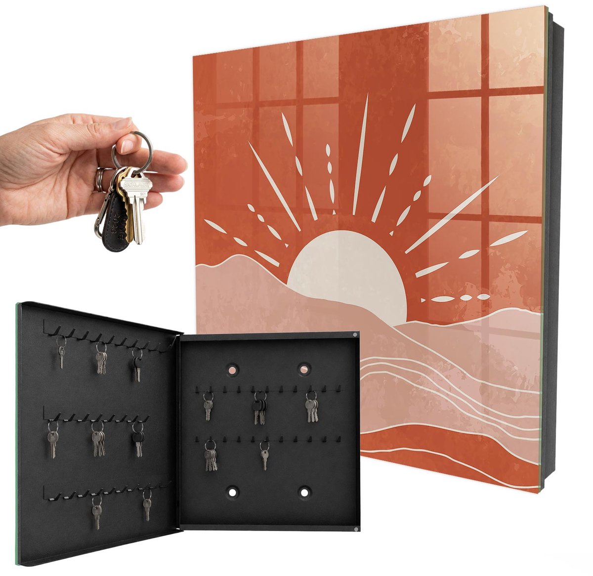 WallMuralia - Sleutelkast - 30x30x5 cm - met 50 haken - Oranje Dageraad Sleutelkastje Hal - Oranje Sleutelbox - Linksopenend - Zwart interieur