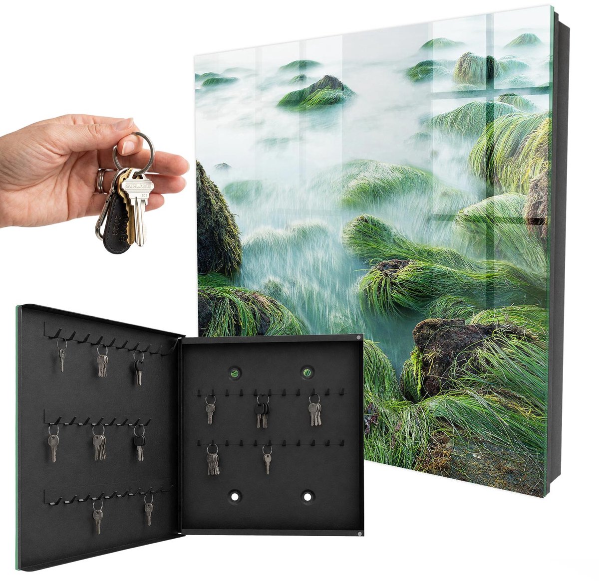 WallMuralia - Sleutelkast - 30x30x5 cm - met 50 haken - Groene Golven Design Sleutelkastje - Groente Sleutelbox - Linksopenend - Zwart interieur