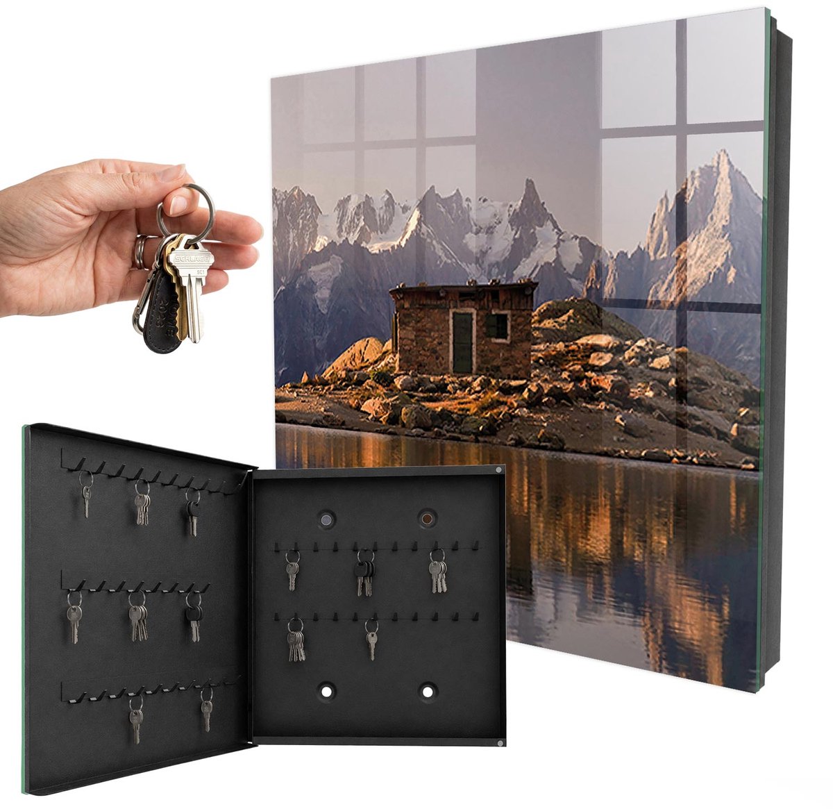 WallMuralia - Sleutelkast - 30x30x5 cm - met 50 haken - Bergvrede Leuk Sleutelkastje - Bruin Sleutelbox - Linksopenend - Zwart interieur