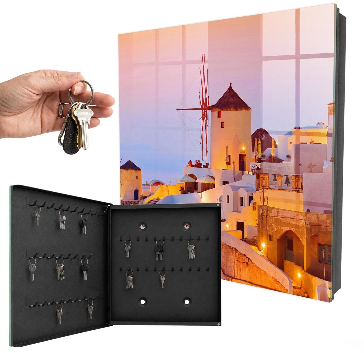 WallMuralia - Sleutelkast - 30x30x5 cm - met 50 haken - Grieks Eiland Sleutelkastje Hal - Wit Sleutelbox - Linksopenend - Zwart interieur