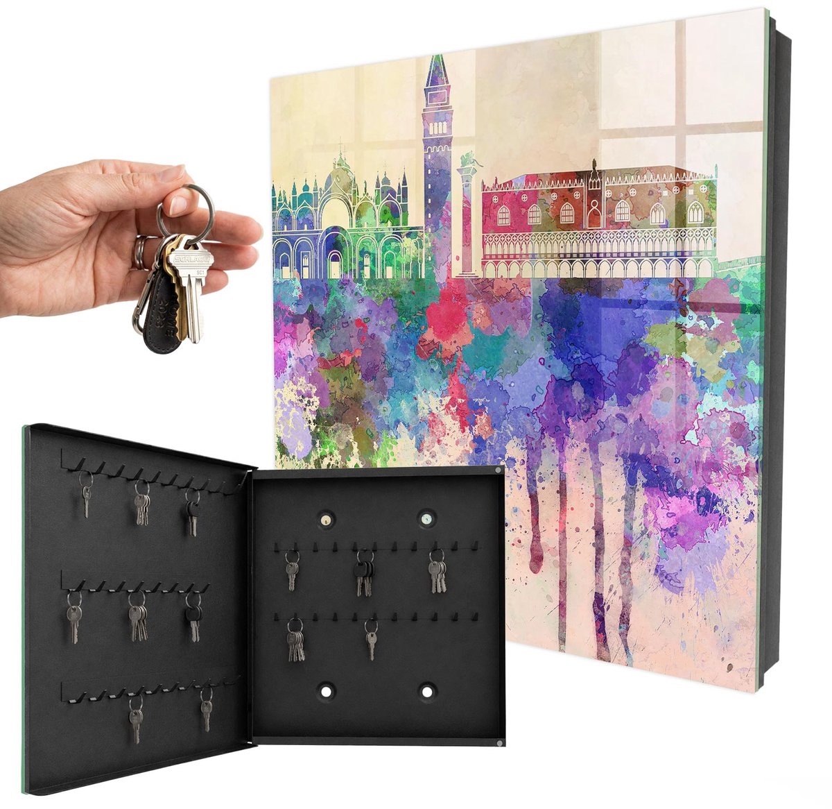 WallMuralia - Sleutelkast - 30x30x5 cm - met 50 haken - Stedelijke Aquarel Sleutelkastje Binnen - Paars Sleutelbox - Linksopenend - Zwart interieur