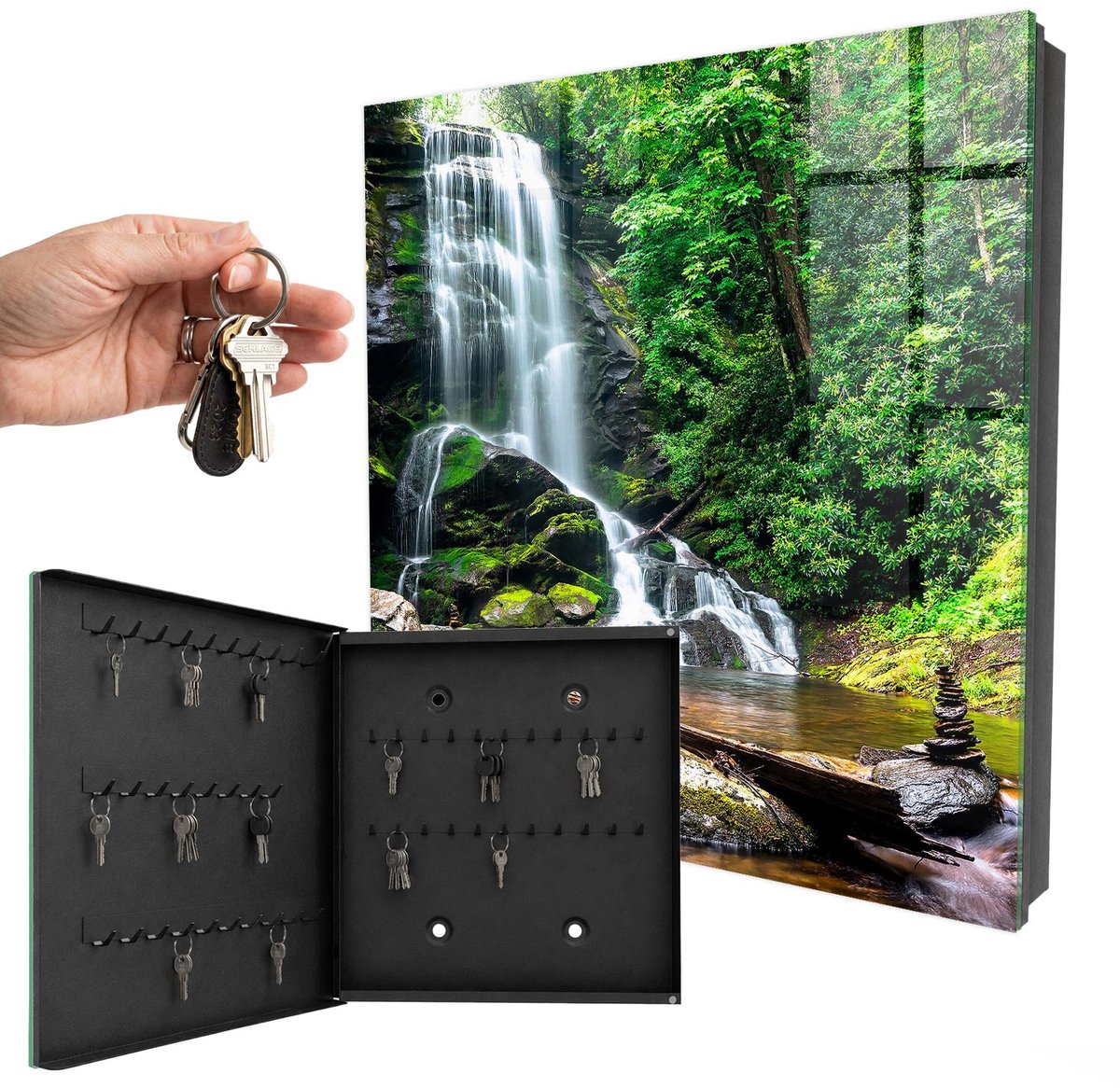 WallMuralia - Sleutelkast - 30x30x5 cm - met 50 haken - Natuurlijke Oase Sleutelkastje - Groente Sleutelbox - Linksopenend - Zwart interieur
