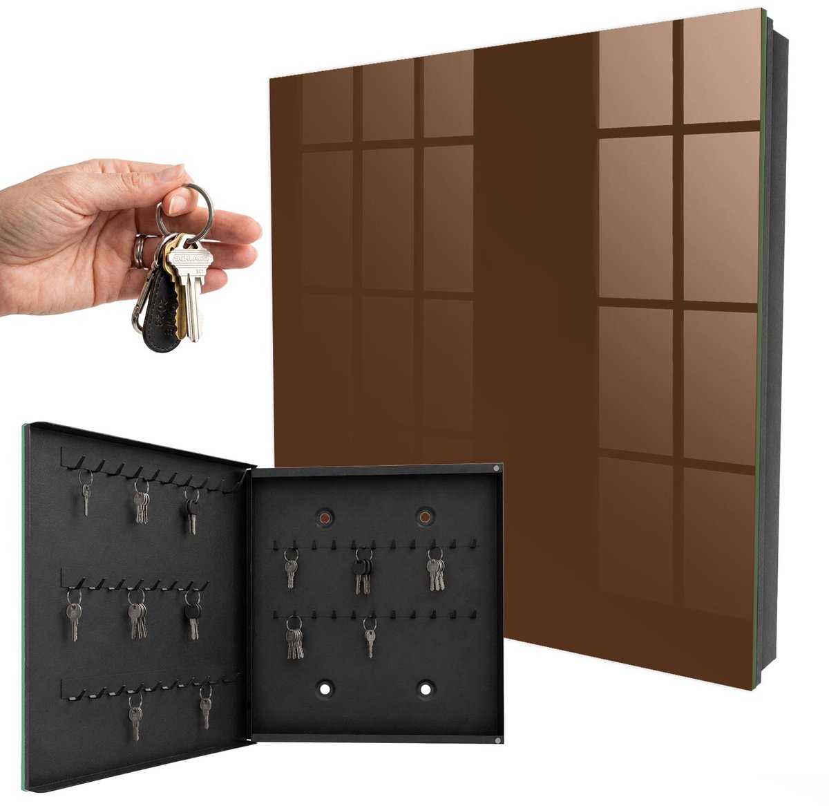 WallMuralia - Sleutelkast - 30x30x5 cm - met 50 haken - Kastanjebruin Sleutelkastje Klein - Bruin Sleutelbox - Linksopenend - Zwart interieur