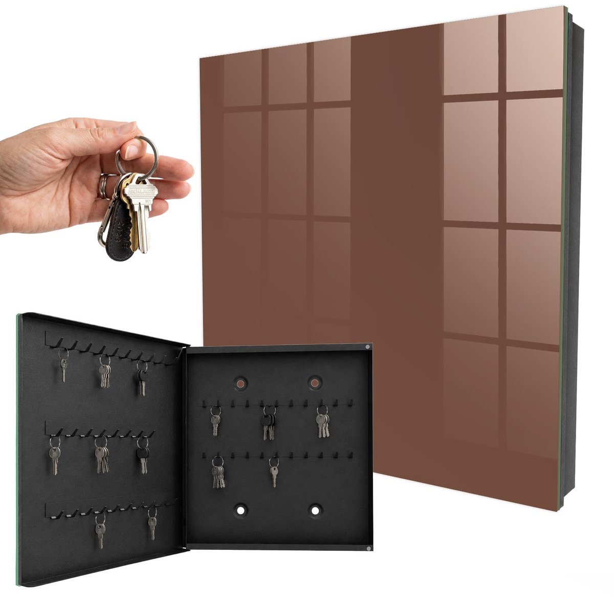 WallMuralia - Sleutelkast - 30x30x5 cm - met 50 haken - Bruine Kleur Sleutelkastje - Bruin Sleutelbox - Linksopenend - Zwart interieur