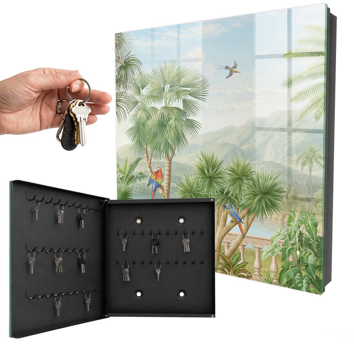 WallMuralia - Sleutelkast - 30x30x5 cm - met 50 haken - Tropisch Paradijs Leuk Sleutelkastje - Groente Sleutelbox - Linksopenend - Zwart interieur