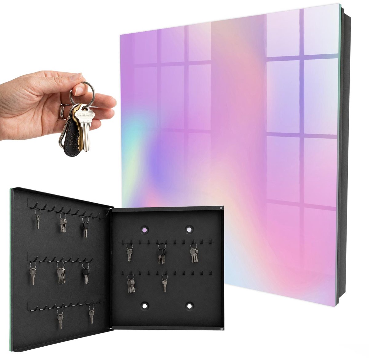 WallMuralia - Sleutelkast - 30x30x5 cm - met 50 haken - Pastel Golf Sleutelkastje Binnen - Paars Sleutelbox - Linksopenend - Zwart interieur