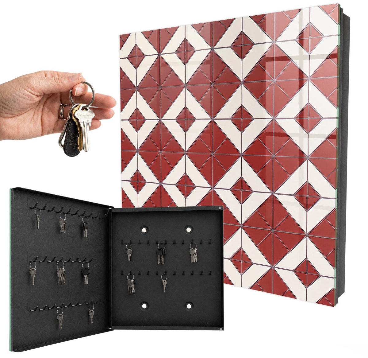 WallMuralia - Sleutelkast - 30x30x5 cm - met 50 haken - Rode Mozaïek Sleutelkastje Gang - Rood Sleutelbox - Linksopenend - Zwart interieur