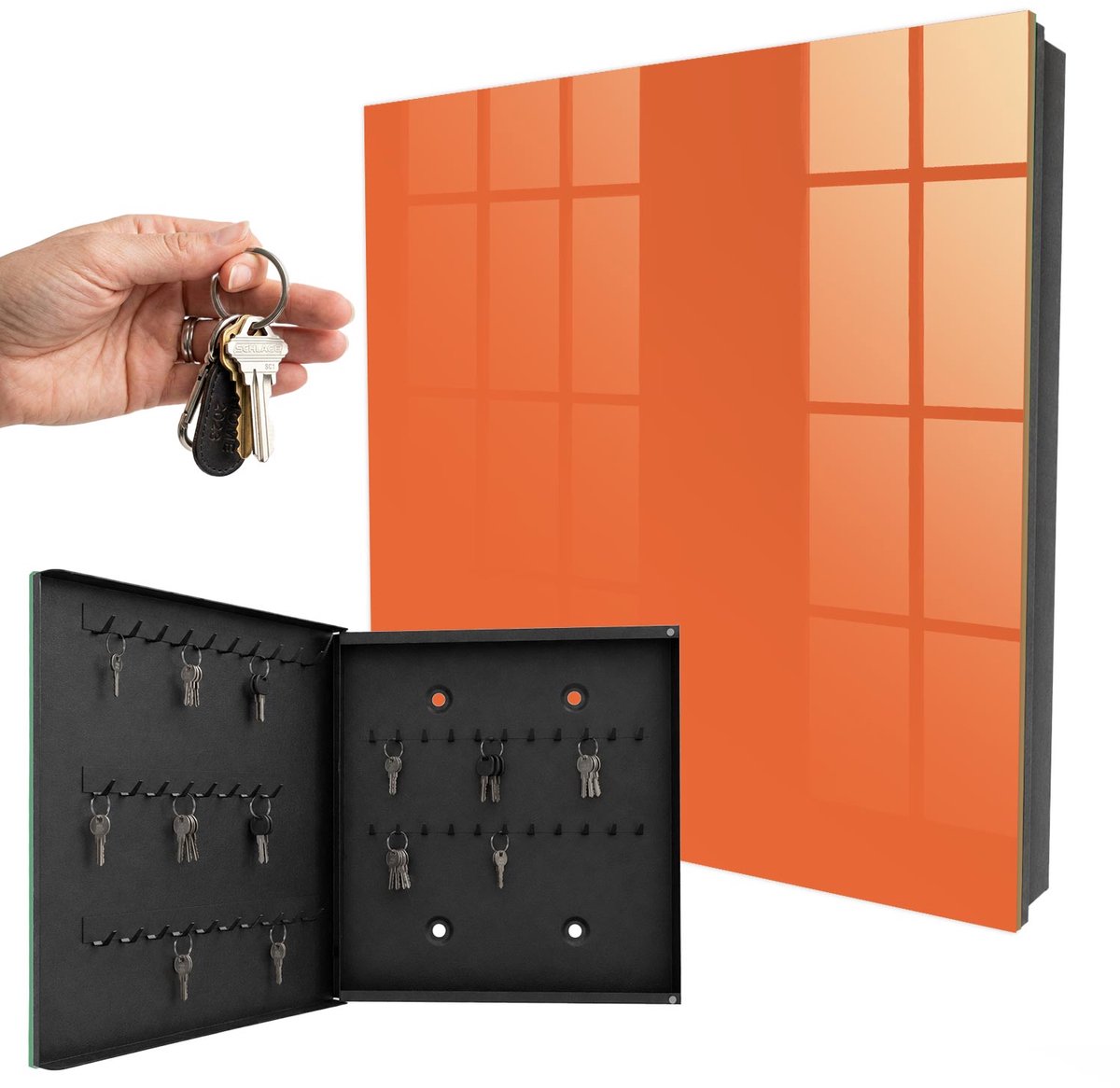 WallMuralia - Sleutelkast - 30x30x5 cm - met 50 haken - Sterk Oranje Sleutelkastje Gang - Oranje Sleutelbox - Linksopenend - Zwart interieur