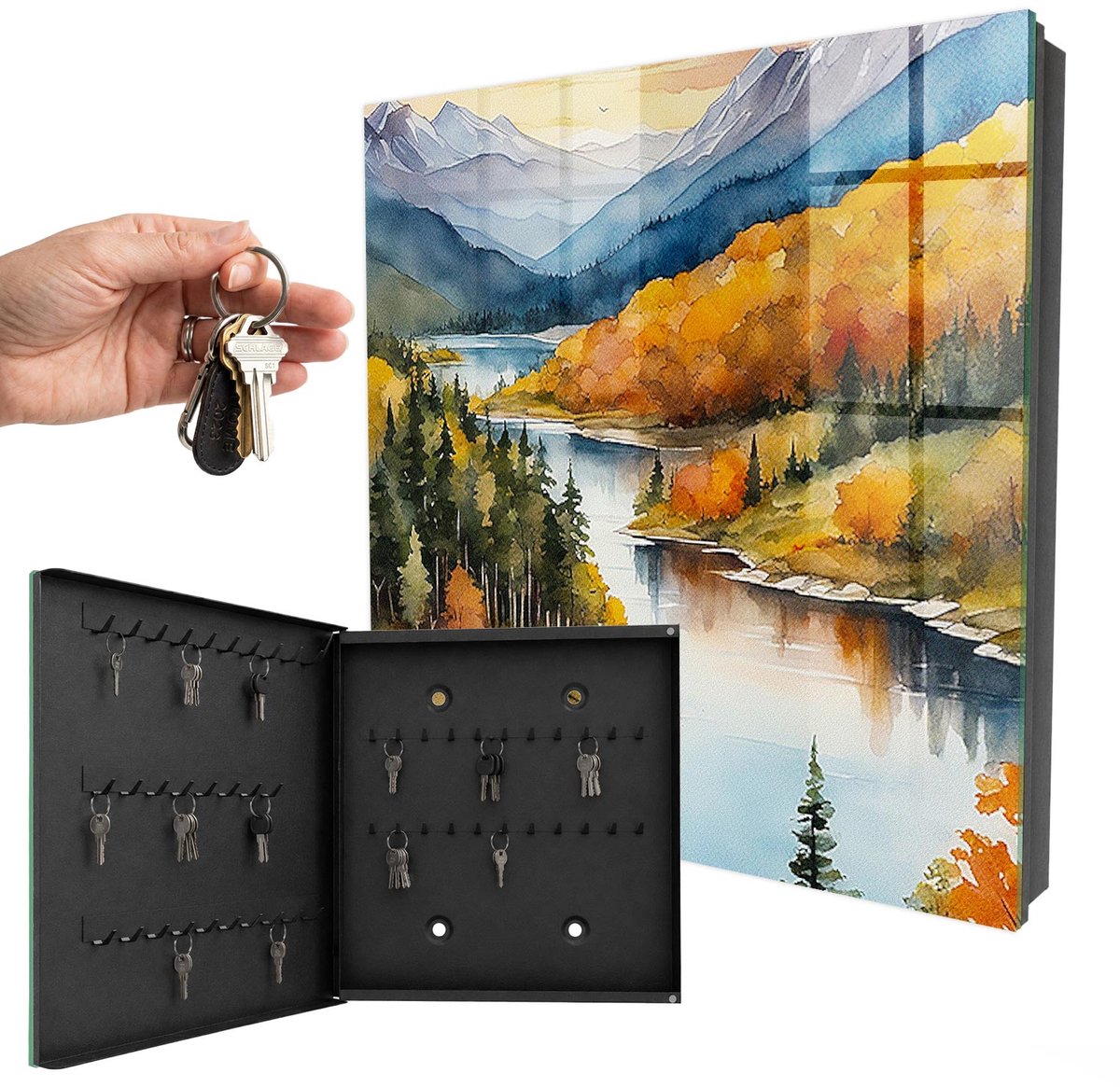 WallMuralia - Sleutelkast - 30x30x5 cm - met 50 haken - Bergherfst Design Sleutelkastje - Oranje Sleutelbox - Linksopenend - Zwart interieur