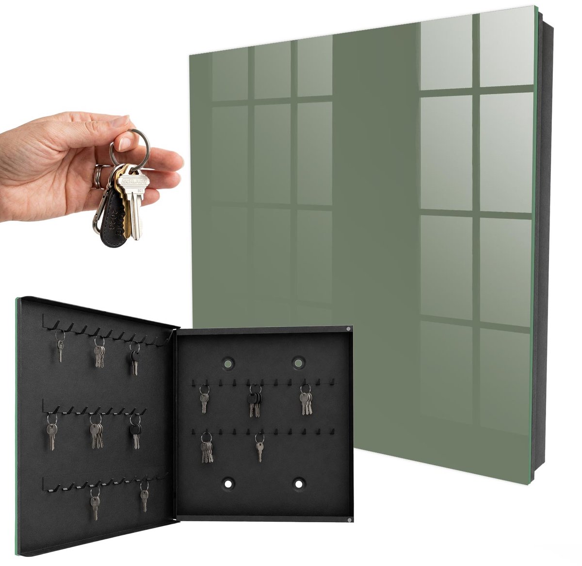 WallMuralia - Sleutelkast - 30x30x5 cm - met 50 haken - Donkere Salie Leuk Sleutelkastje - Groente Sleutelbox - Linksopenend - Zwart interieur