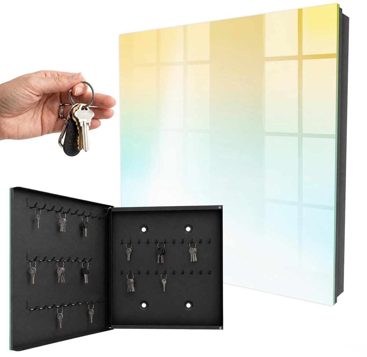 WallMuralia - Sleutelkast - 30x30x5 cm - met 50 haken - Zachte Kleuren Sleutelkastje Gang - Geel Sleutelbox - Linksopenend - Zwart interieur