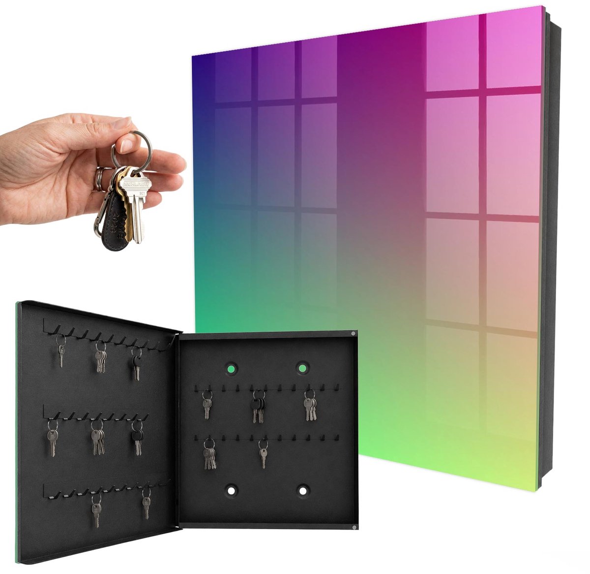 WallMuralia - Sleutelkast - 30x30x5 cm - met 50 haken - Kleurrijk Verloop Sleutelkastje Klein - Paars Sleutelbox - Linksopenend - Zwart interieur