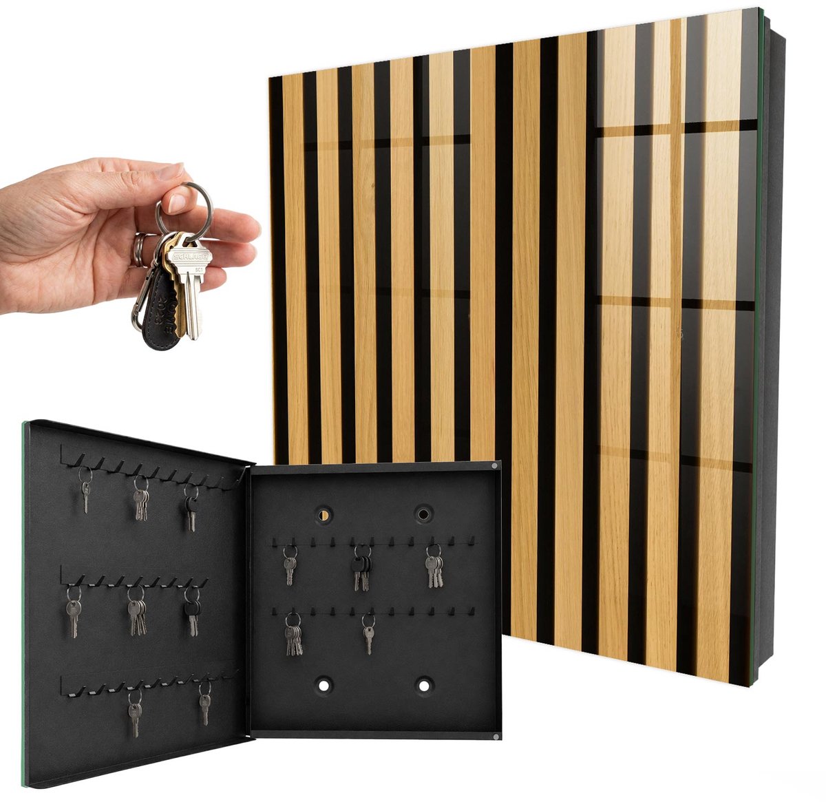 WallMuralia - Sleutelkast - 30x30x5 cm - met 50 haken - Houten Constructie Sleutelkastje Landelijk - Bruin Sleutelbox - Linksopenend - Zwart interieur