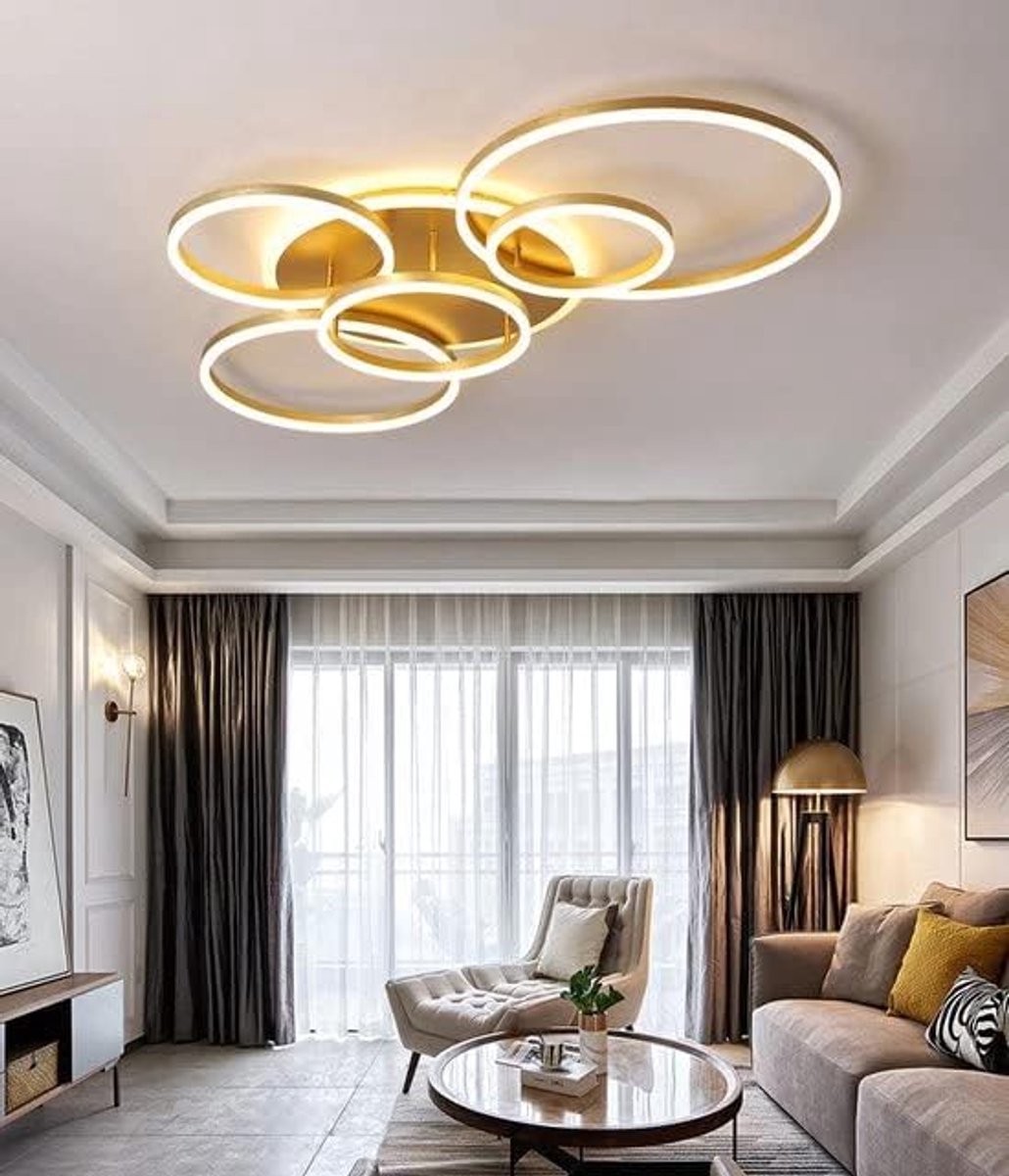 86W Moderne Dimbaar 6 Ringen Plafondlamp Metaal Acryl Ronde
