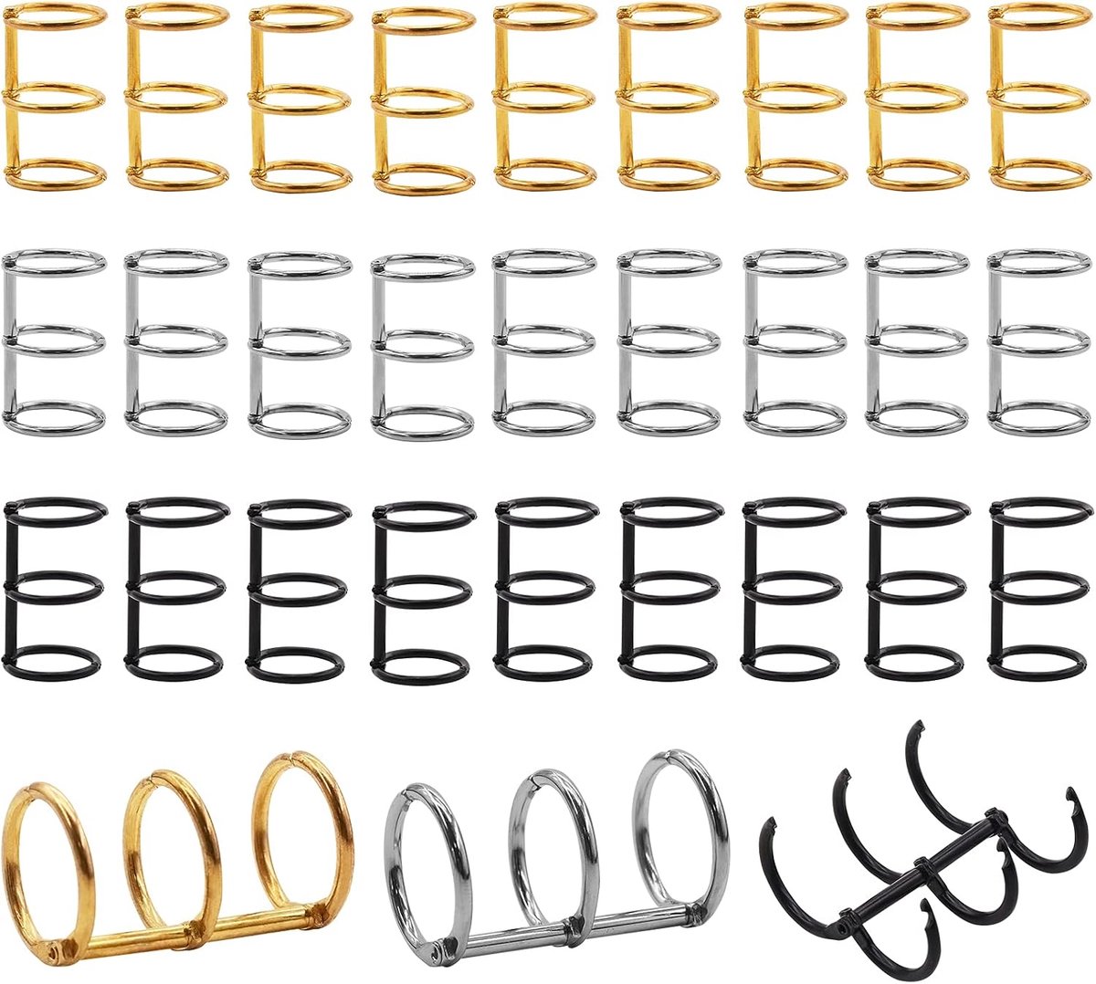 30 stuks 3 ringen metalen losse bladmappen boekringen snap split scharnierend voor notebook, dagboek, fotoalbum, bindende stekels kammen, 20 mm (goud, zilver, zwart)