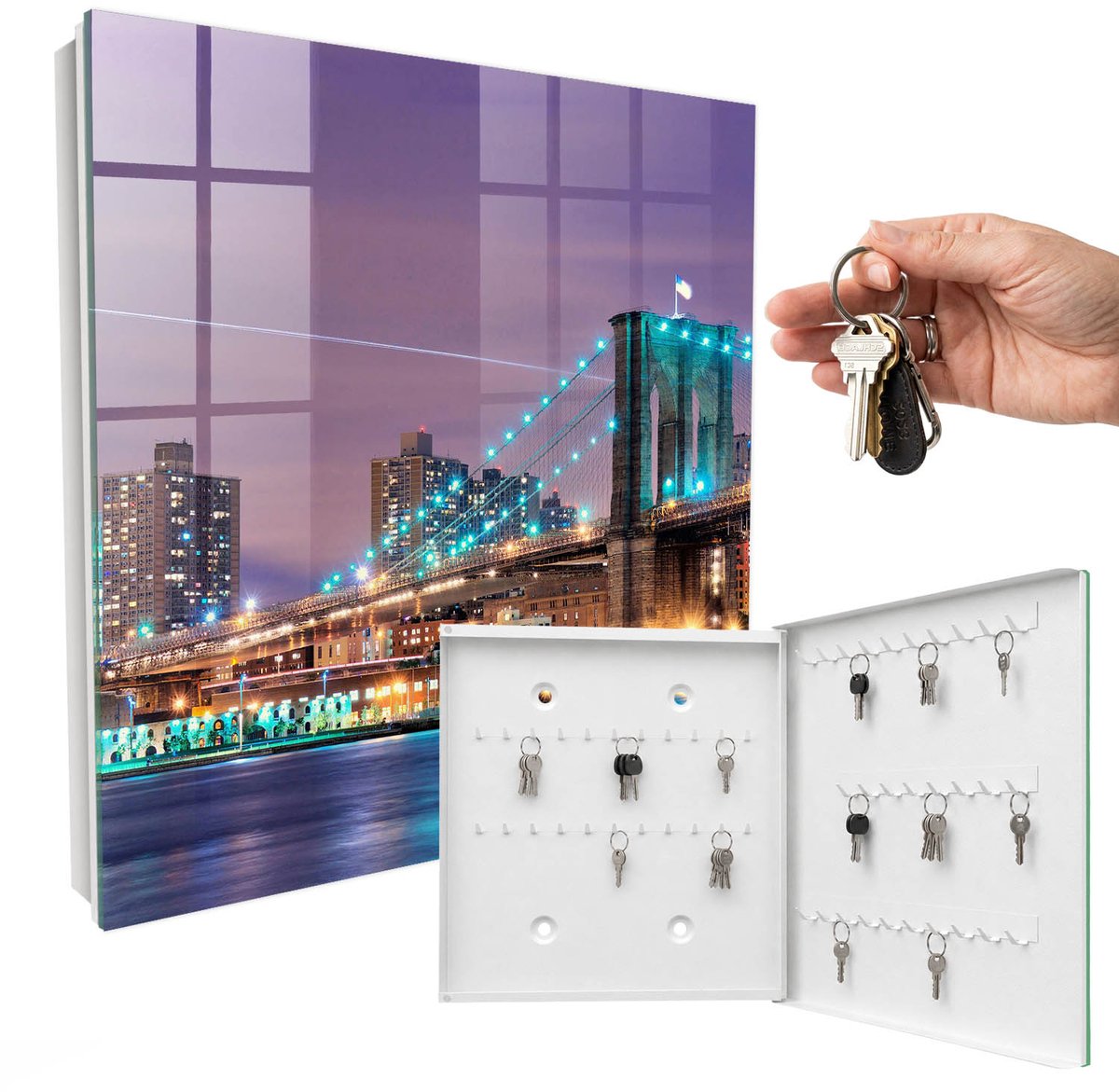 WallMuralia - Sleutelkast - 30x30x5 cm - met 50 haken - Stadsbrug Sleutelkastje Binnen - Paars Sleutelbox - Rechtsopenend - Wit interieur