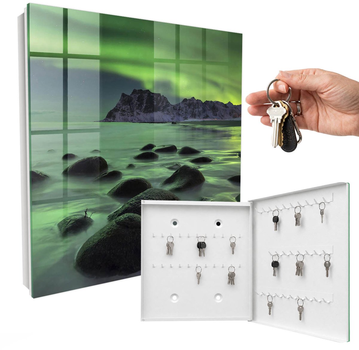 WallMuralia - Sleutelkast - 30x30x5 cm - met 50 haken - Noorderlicht Sleutelkastje Huis - Groente Sleutelbox - Rechtsopenend - Wit interieur