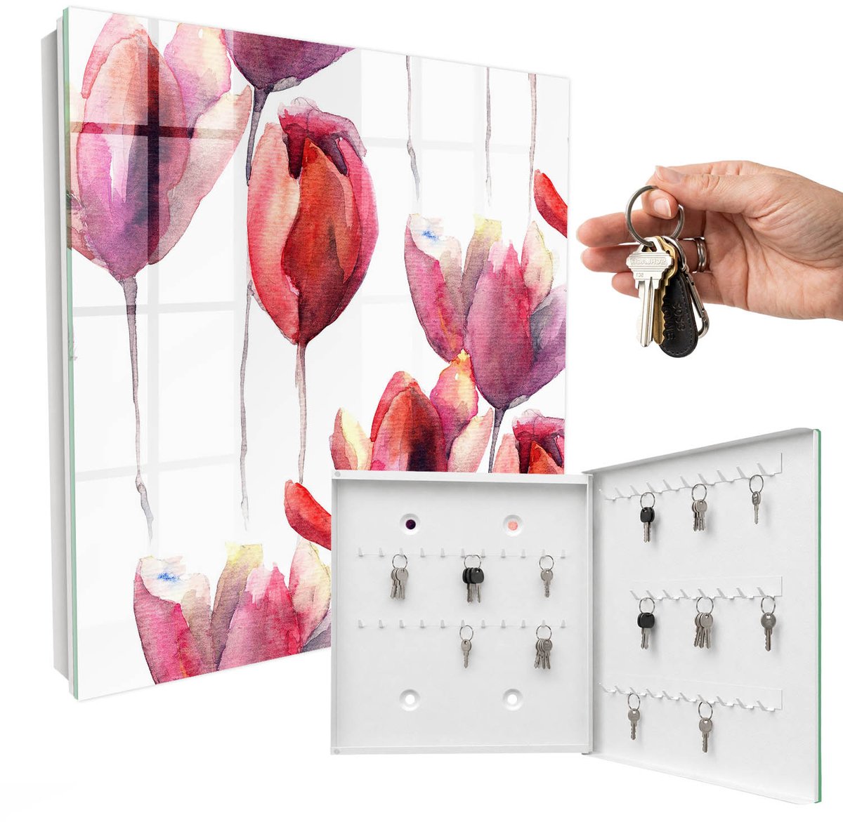 WallMuralia - Sleutelkast - 30x30x5 cm - met 50 haken - Aquarel Tulpen Sleutelkastje Industrieel - Rood Sleutelbox - Rechtsopenend - Wit interieur