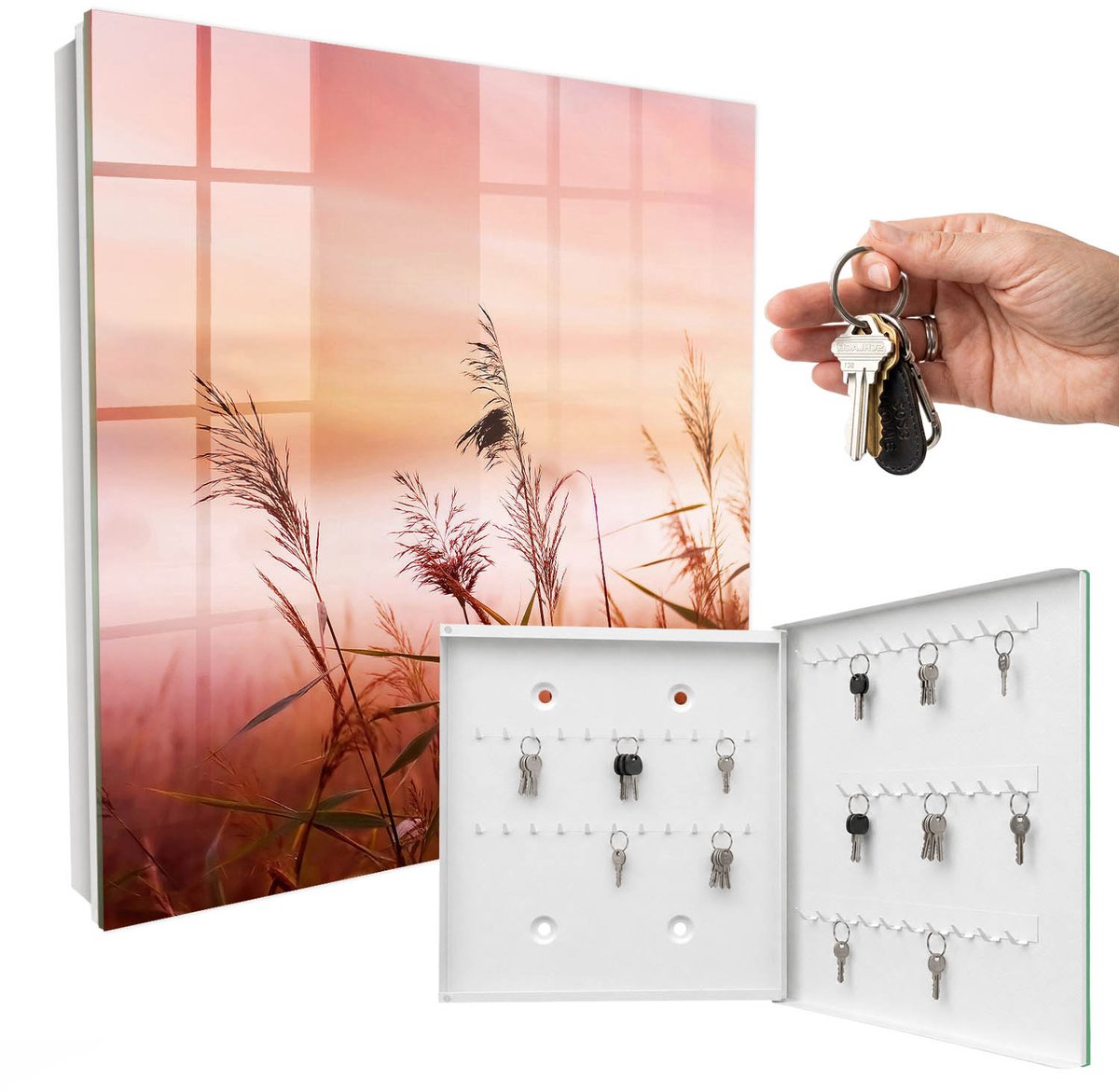 WallMuralia - Sleutelkast - 30x30x5 cm - met 50 haken - Grassen Bij Zonsopgang Sleutelkastje Industrieel - Oranje Sleutelbox - Rechtsopenend - Wit interieur