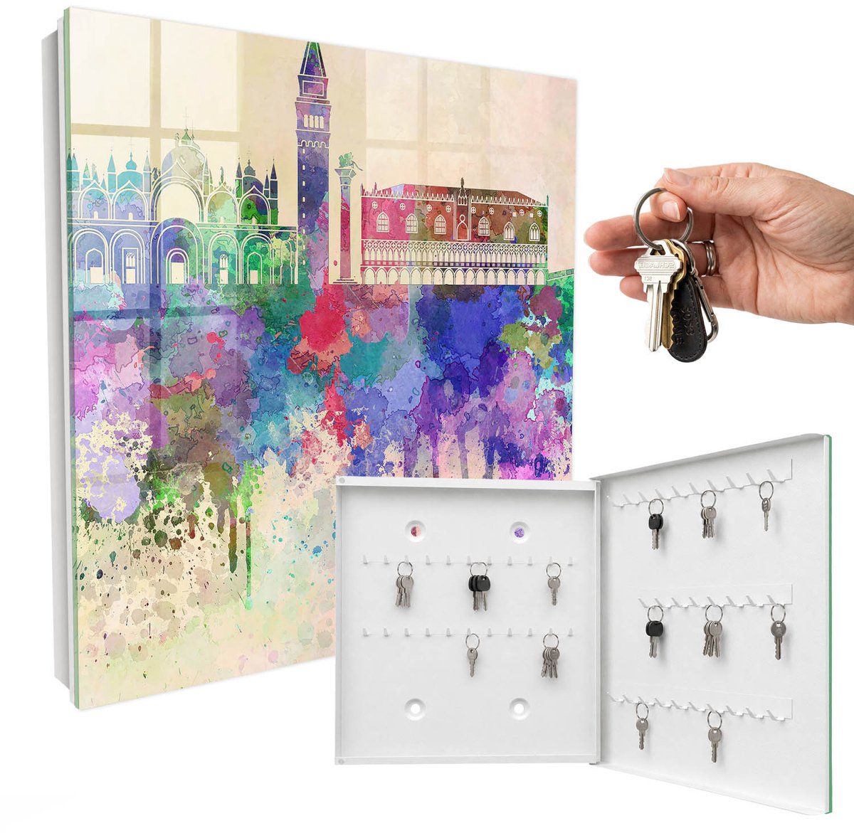 WallMuralia - Sleutelkast - 30x30x5 cm - met 50 haken - Stedelijke Aquarel Sleutelkastje - Paars Sleutelbox - Rechtsopenend - Wit interieur