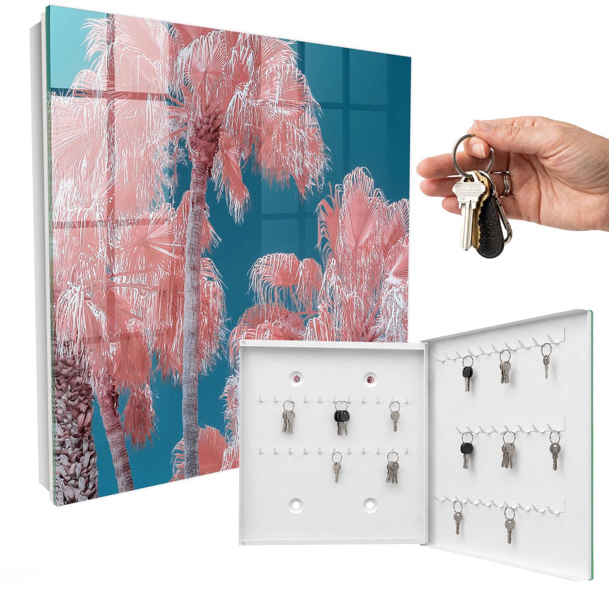 WallMuralia - Sleutelkast - 30x30x5 cm - met 50 haken - Tropische Compositie Sleutelkastje Klein - Roze Sleutelbox - Rechtsopenend - Wit interieur