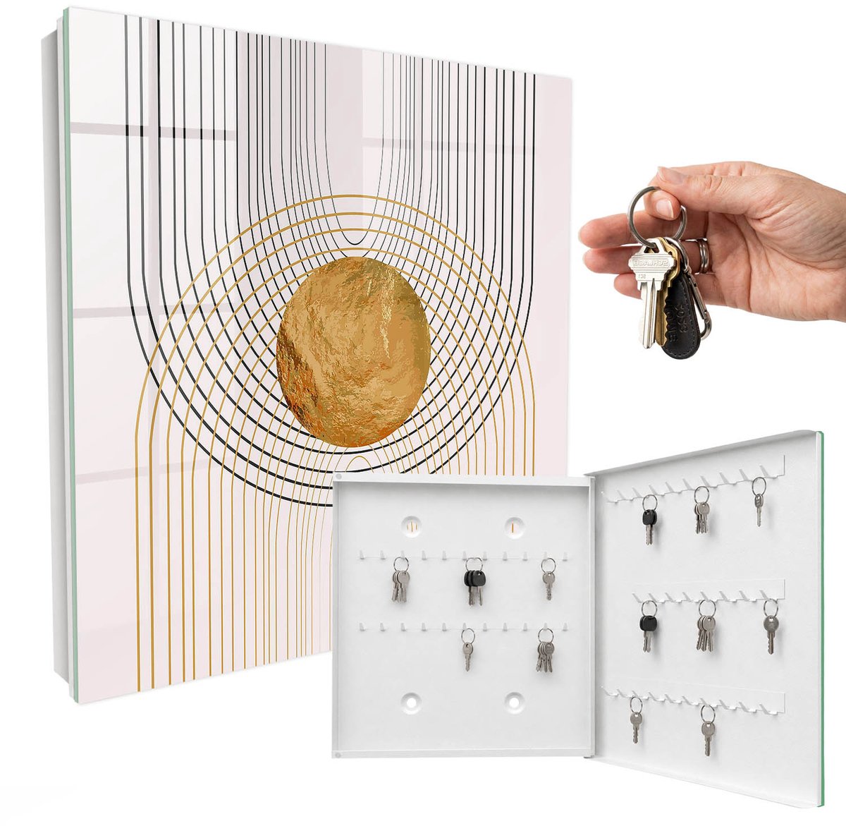 WallMuralia - Sleutelkast - 30x30x5 cm - met 50 haken - Cirkels En Lijnen Groot Sleutelkastje - Geel Sleutelbox - Rechtsopenend - Wit interieur