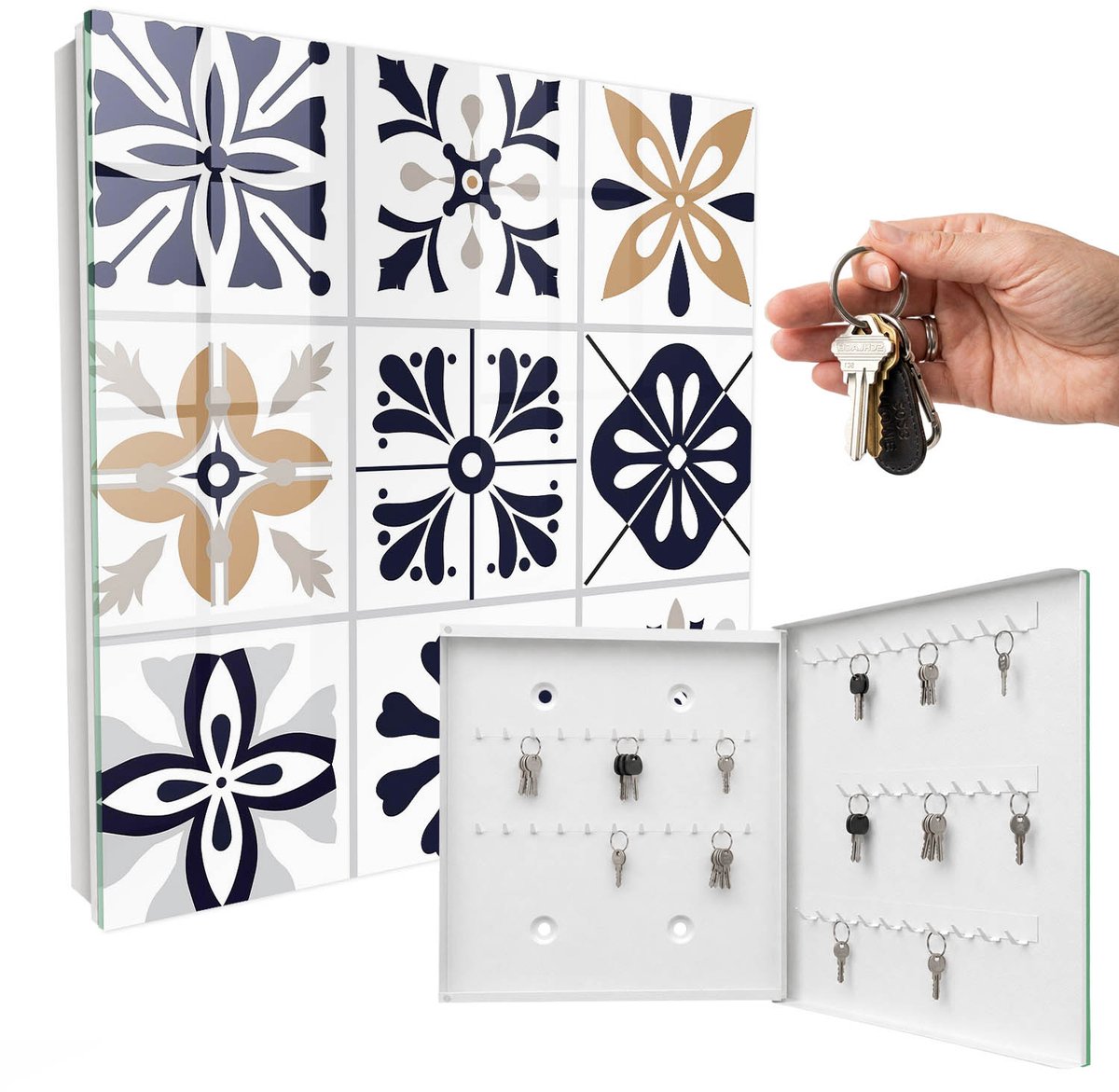 WallMuralia - Sleutelkast - 30x30x5 cm - met 50 haken - Geometrische Patronen Sleutelkastje Modern - Zwart Sleutelbox - Rechtsopenend - Wit interieur