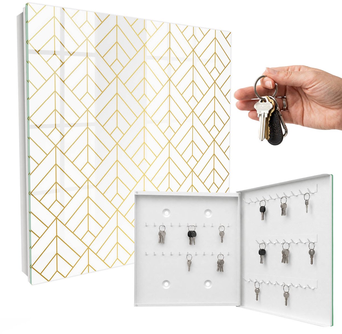 WallMuralia - Sleutelkast - 30x30x5 cm - met 50 haken - Stijlvolle Geometrie Sleutelkastje Landelijk - Wit Sleutelbox - Rechtsopenend - Wit interieur