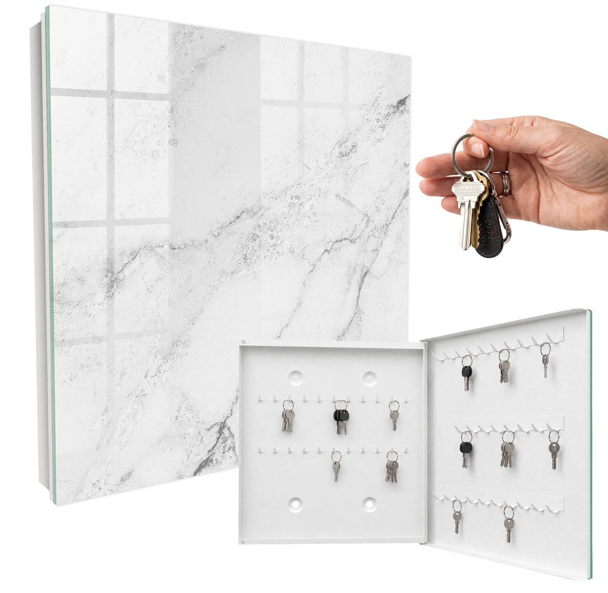 WallMuralia - Sleutelkast - 30x30x5 cm - met 50 haken - Grijze Elegantie Sleutelkastje Industrieel - Grijs Sleutelbox - Rechtsopenend - Wit interieur