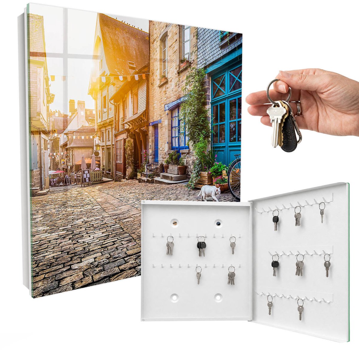 WallMuralia - Sleutelkast - 30x30x5 cm - met 50 haken - Stedelijke Vrede Sleutelkastje Landelijk - Beige Sleutelbox - Rechtsopenend - Wit interieur