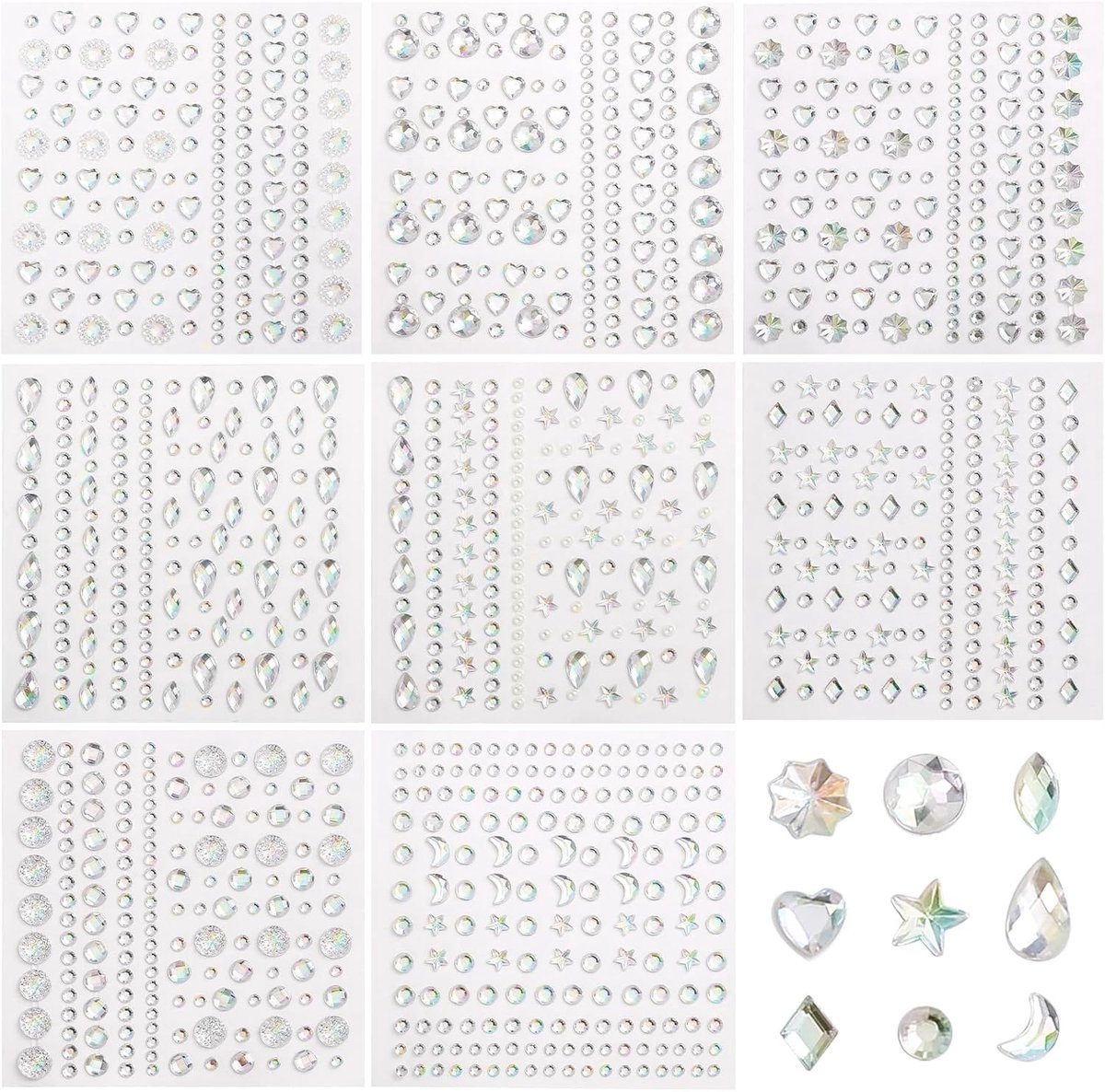 8 vellen glitterstenen, zelfklevend, verschillende vormen