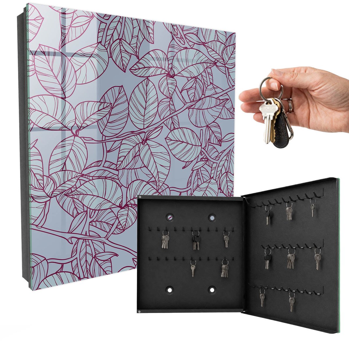 WallMuralia - Sleutelkast - 30x30x5 cm - met 50 haken - Bourgondische Bladeren Sleutelkastje Binnen - Grijs Sleutelbox - Rechtsopenend - Zwart interieur