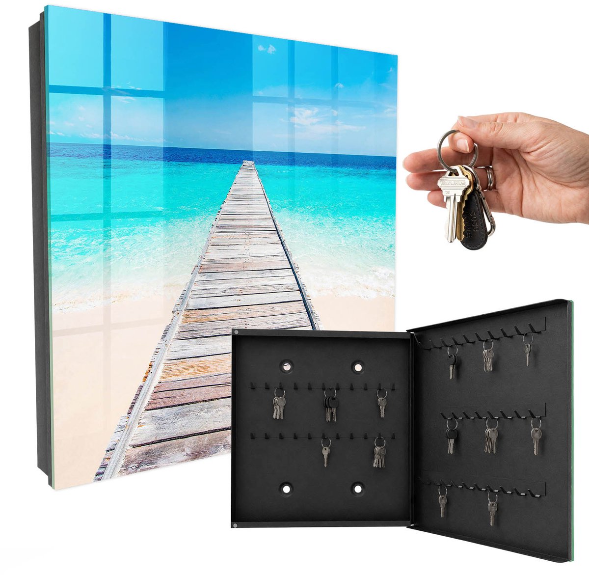 WallMuralia - Sleutelkast - 30x30x5 cm - met 50 haken - Zeehaven Sleutelkastje Hal - Turkoois Sleutelbox - Rechtsopenend - Zwart interieur
