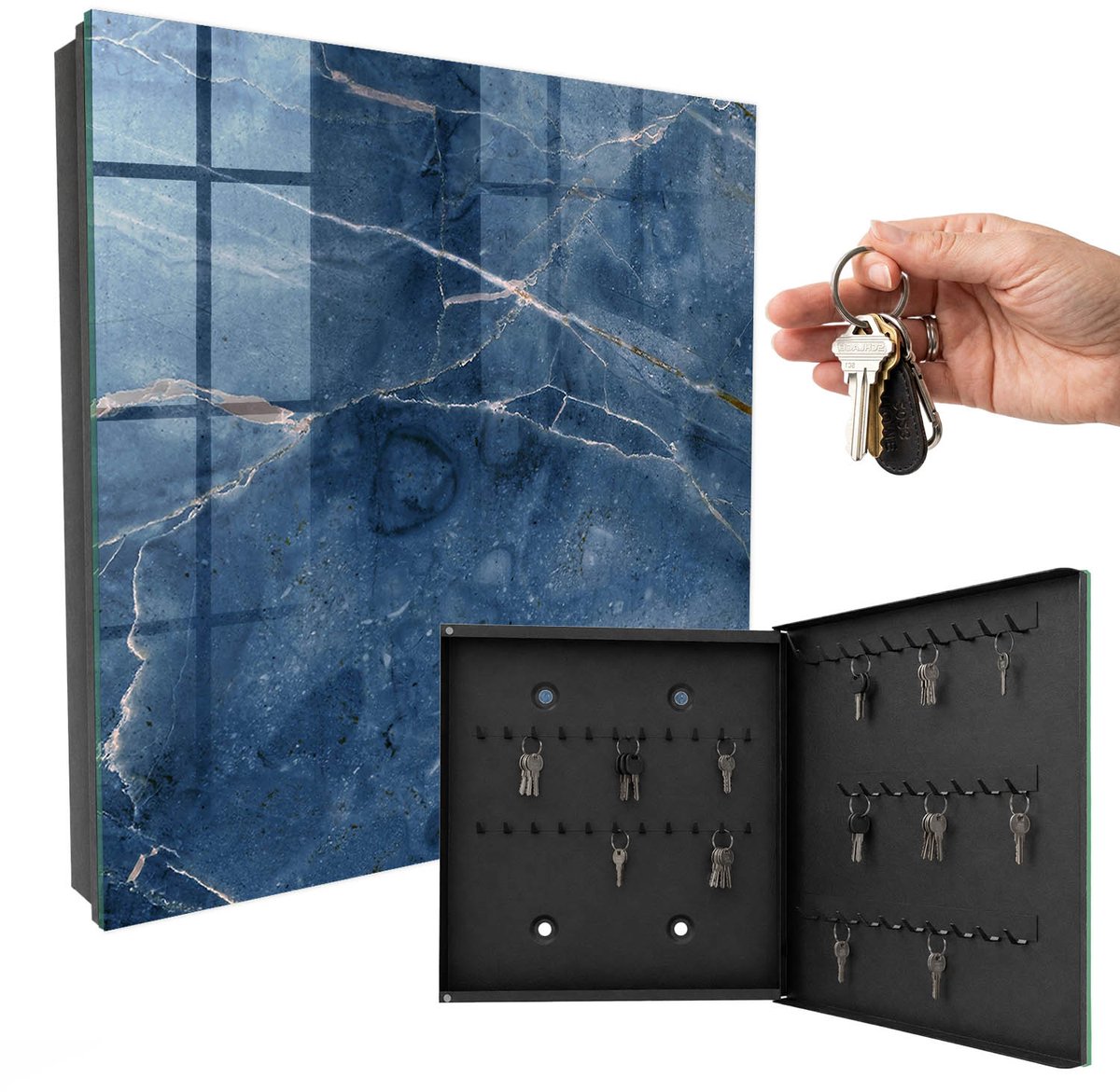 WallMuralia - Sleutelkast - 30x30x5 cm - met 50 haken - Blauwe Marmer Sleutelkastje - Blauw Sleutelbox - Rechtsopenend - Zwart interieur