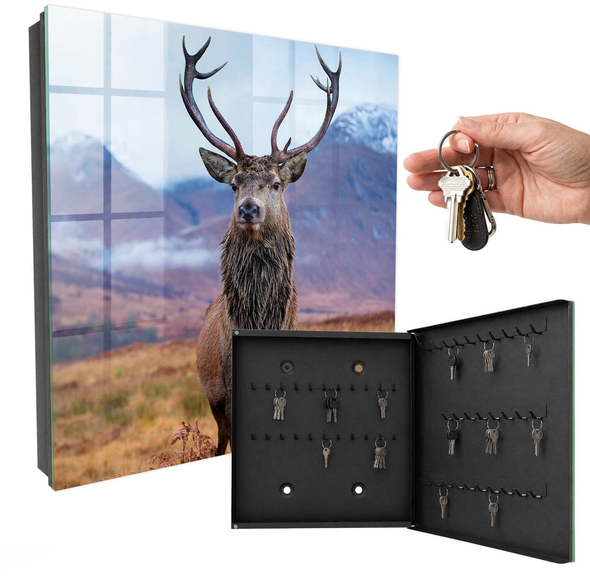 WallMuralia - Sleutelkast - 30x30x5 cm - met 50 haken - Herten In De Bergen Sleutelkastje Hal - Bruin Sleutelbox - Rechtsopenend - Zwart interieur