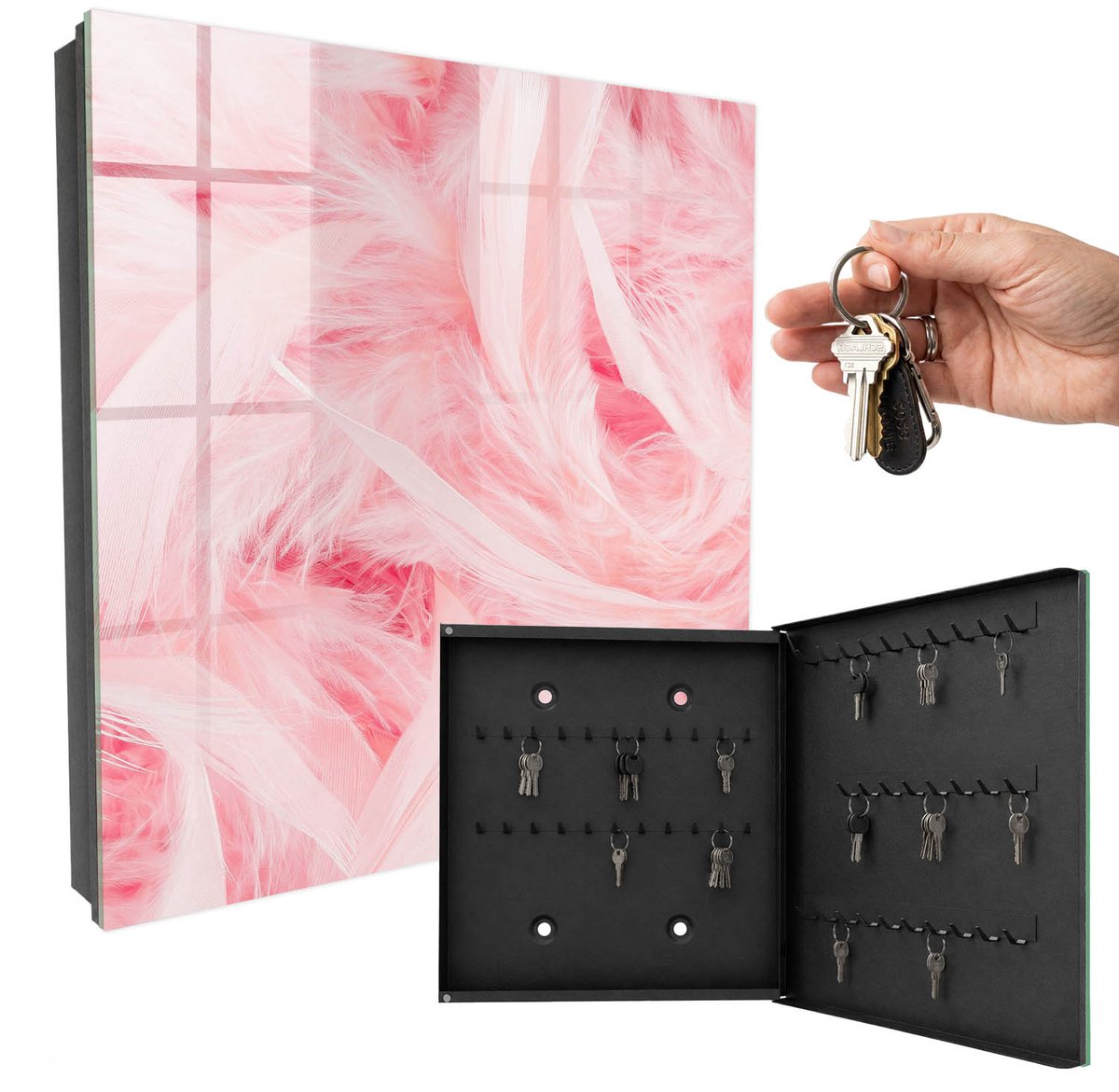 WallMuralia - Sleutelkast - 30x30x5 cm - met 50 haken - Roze Veren Sleutelkastje Industrieel - Roze Sleutelbox - Rechtsopenend - Zwart interieur