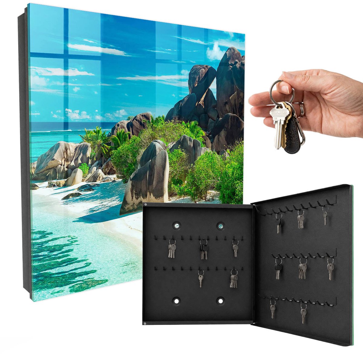 WallMuralia - Sleutelkast - 30x30x5 cm - met 50 haken - Tropisch Strand Sleutelkastje Klein - Blauw Sleutelbox - Rechtsopenend - Zwart interieur