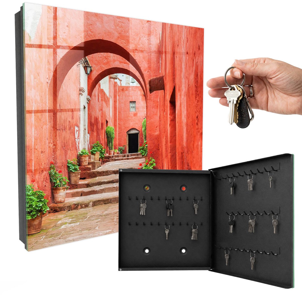 WallMuralia - Sleutelkast - 30x30x5 cm - met 50 haken - Rode Straat Sleutelkastje Voor Binnen - Rood Sleutelbox - Rechtsopenend - Zwart interieur