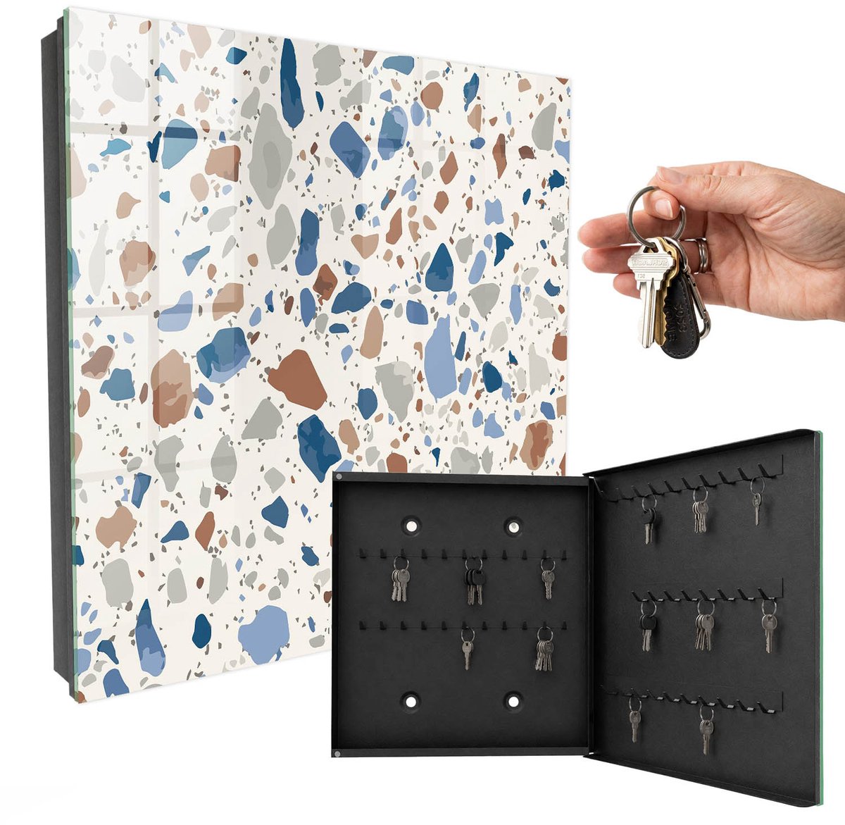 WallMuralia - Sleutelkast - 30x30x5 cm - met 50 haken - Mozaïek Van Steen Sleutelkastje Industrieel - Grijs Sleutelbox - Rechtsopenend - Zwart interieur