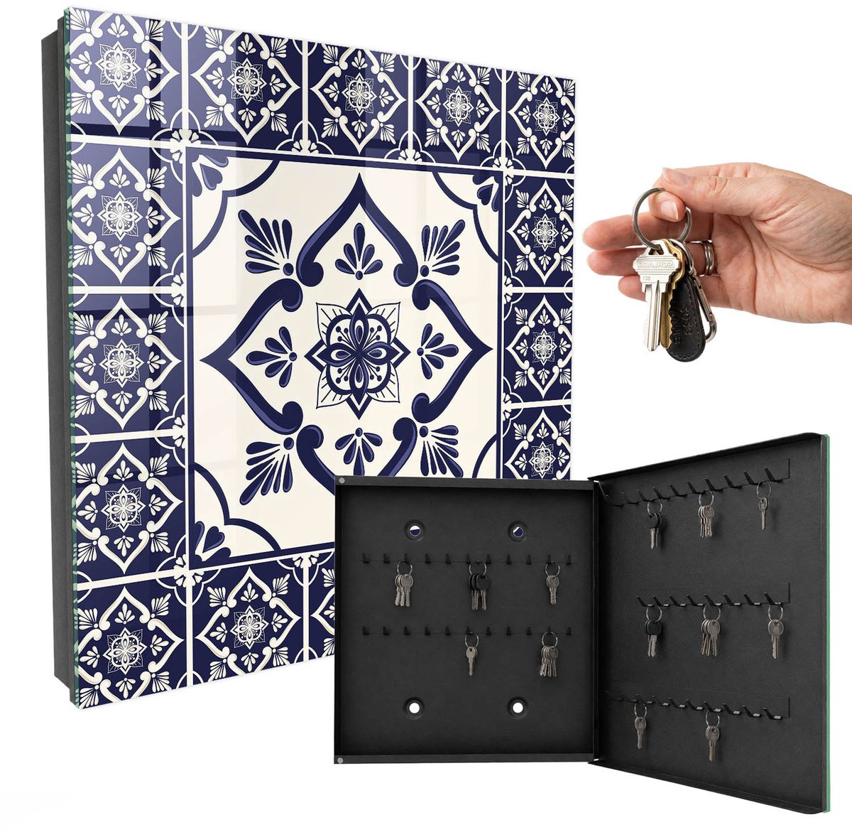 WallMuralia - Sleutelkast - 30x30x5 cm - met 50 haken - Klassieke Elegantie Sleutelkastje Modern - Marine Sleutelbox - Rechtsopenend - Zwart interieur
