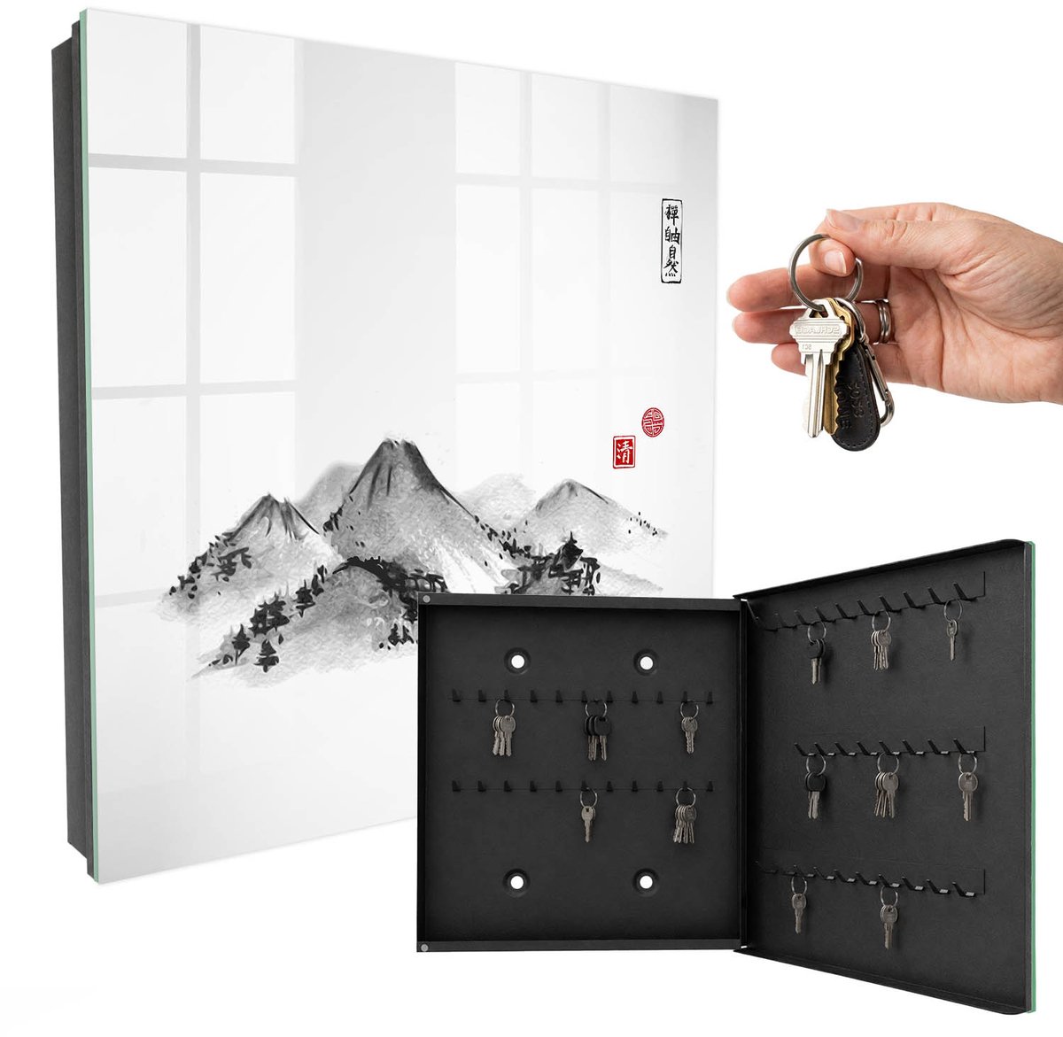 WallMuralia - Sleutelkast - 30x30x5 cm - met 50 haken - Japanse Bergen Sleutelkastje Binnen - Wit Sleutelbox - Rechtsopenend - Zwart interieur