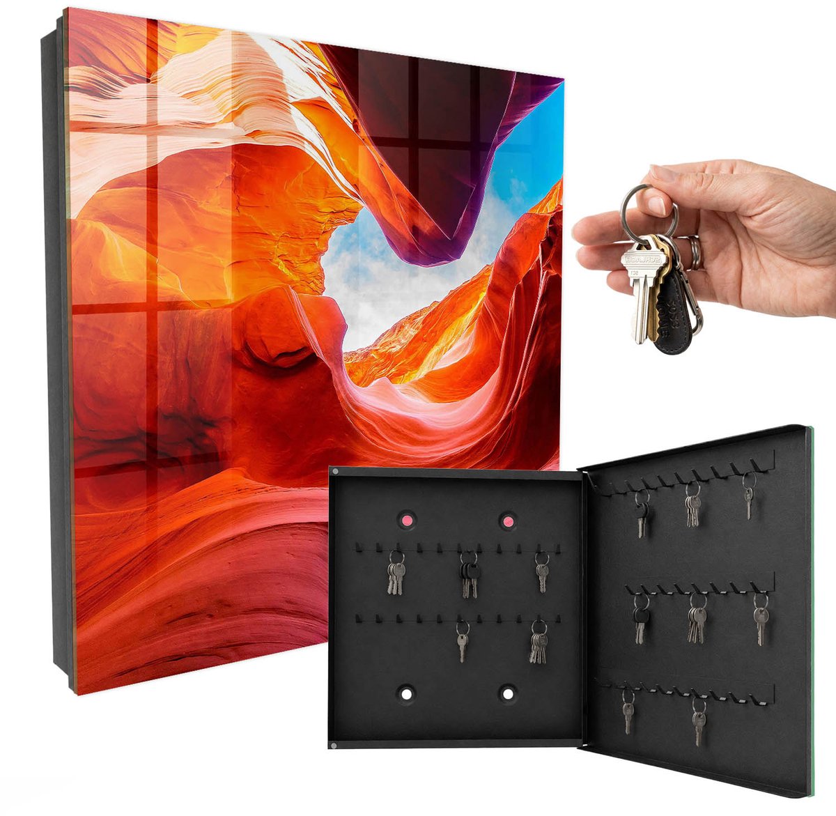 WallMuralia - Sleutelkast - 30x30x5 cm - met 50 haken - Kleurrijke Rotsen Sleutelkastje Gang - Oranje Sleutelbox - Rechtsopenend - Zwart interieur