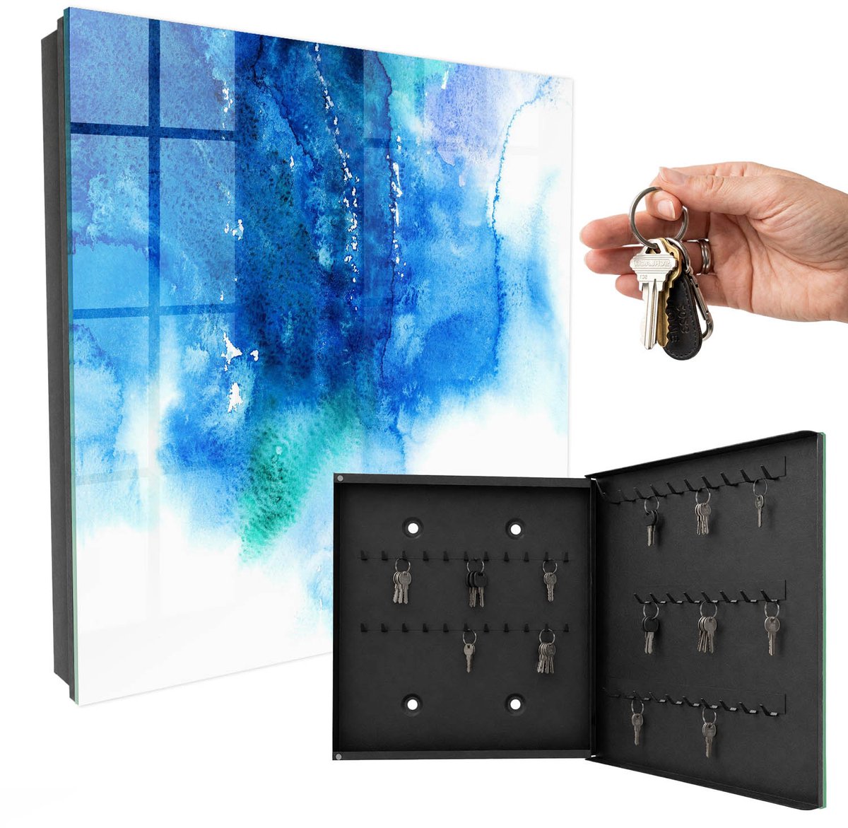 WallMuralia - Sleutelkast - 30x30x5 cm - met 50 haken - Blauwe Golven Design Sleutelkastje - Blauw Sleutelbox - Rechtsopenend - Zwart interieur