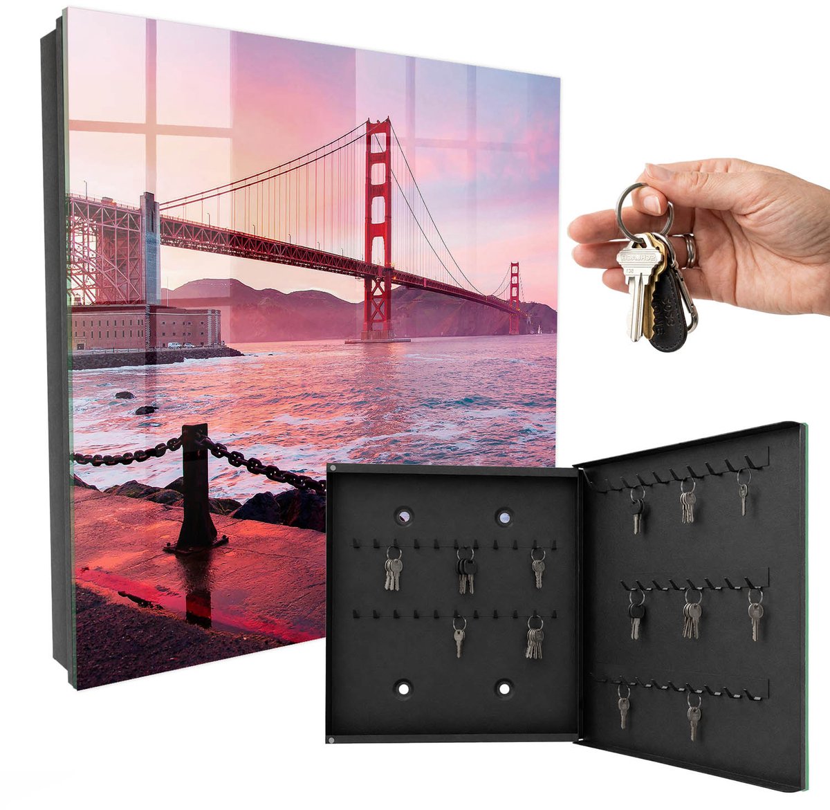 WallMuralia - Sleutelkast - 30x30x5 cm - met 50 haken - Stadsbrug Leuk Sleutelkastje - Roze Sleutelbox - Rechtsopenend - Zwart interieur