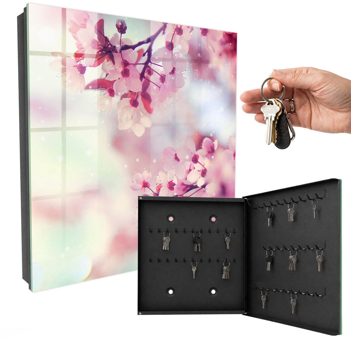 WallMuralia - Sleutelkast - 30x30x5 cm - met 50 haken - Bloemenpracht Sleutelkastje Landelijk - Roze Sleutelbox - Rechtsopenend - Zwart interieur