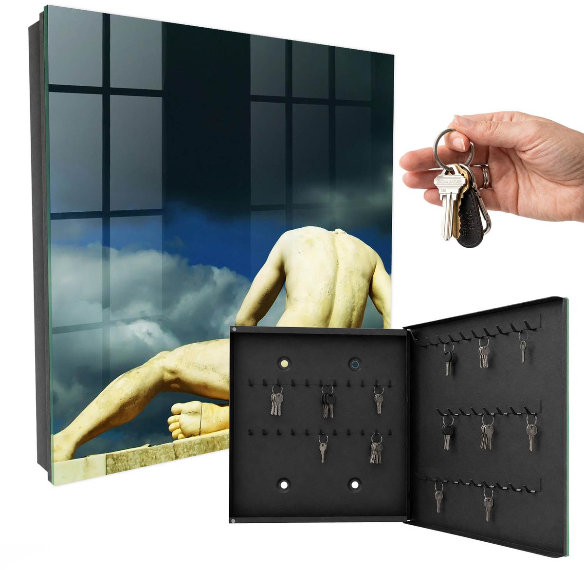 WallMuralia - Sleutelkast - 30x30x5 cm - met 50 haken - Klassieke Elegantie Sleutelkastje Industrieel - Geel Sleutelbox - Rechtsopenend - Zwart interieur