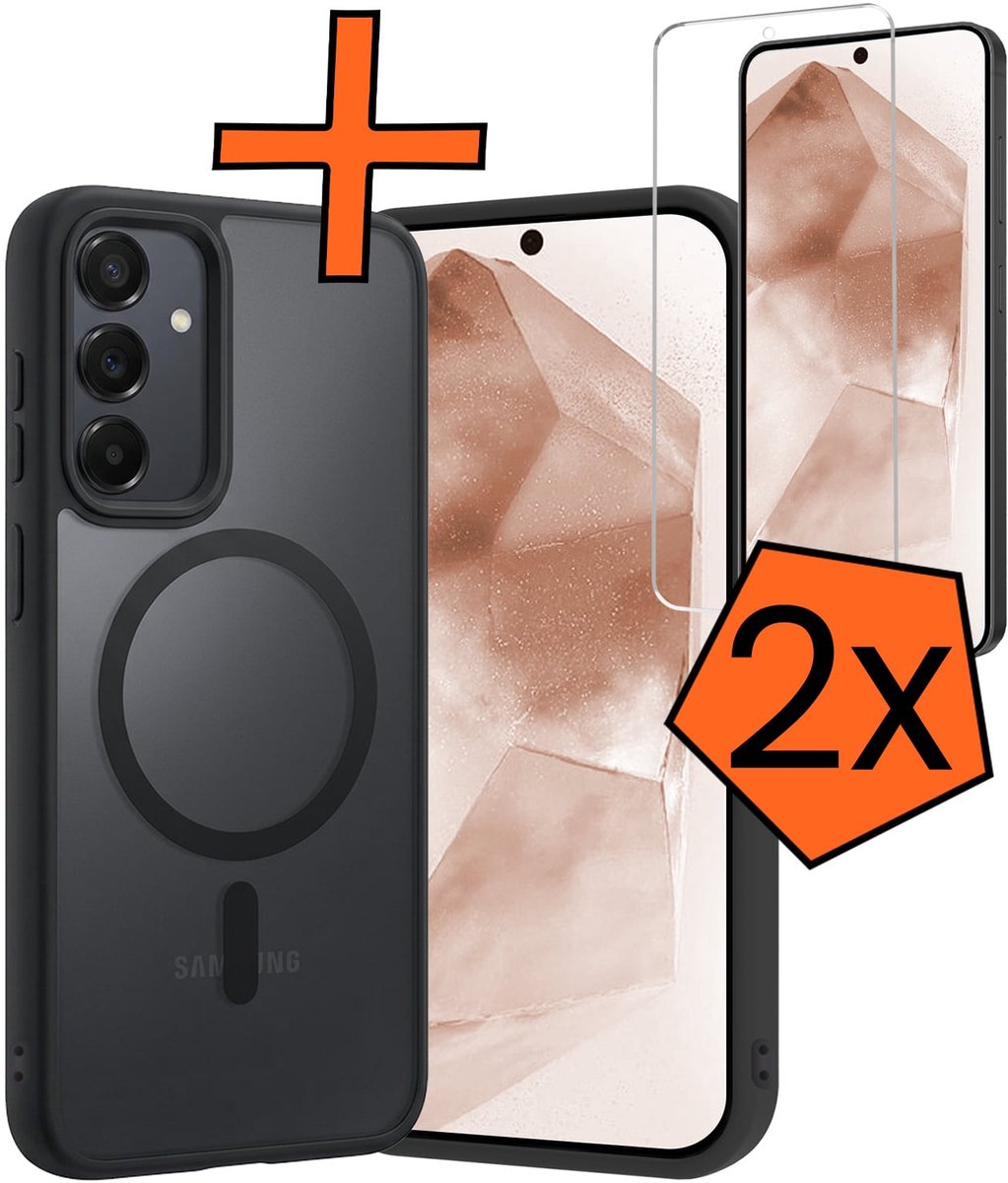 Hoes - Met 2x Screenprotector - Geschikt voor Samsung Galaxy A55 - Magsafe Compatible - Sterk & Shockproof - Back Cover - Shock Proof Case - Telefoon Hoes - Zwart