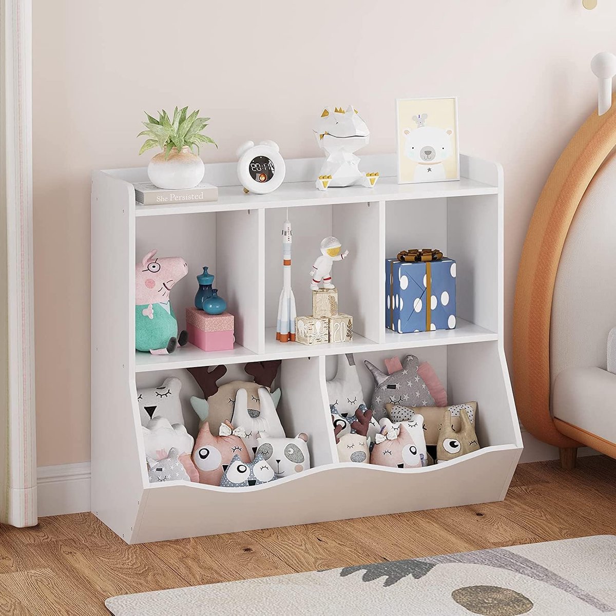 Kinderboekenkast en Speelgoedopberger - Witte Speelgoedkast met 5 Vakken - Kinderkast voor Boeken en Speelgoed - Montessori Kweekkast - Inclusief Anti-omvalbeveiliging - 90x30x75 cm