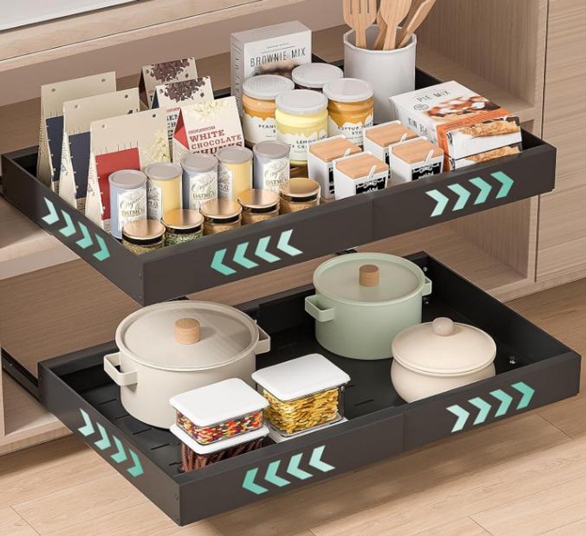 PIPIPOXER Schuiflade – Keukenkast Organizer- Telescopische – Gootsteenkast/Lade Organizer - binnenlade keuken– Uittrekbaar en Verstelbaar (32-52 cm) – Telescopisch – 1 set van 2 stuks – Zwart
