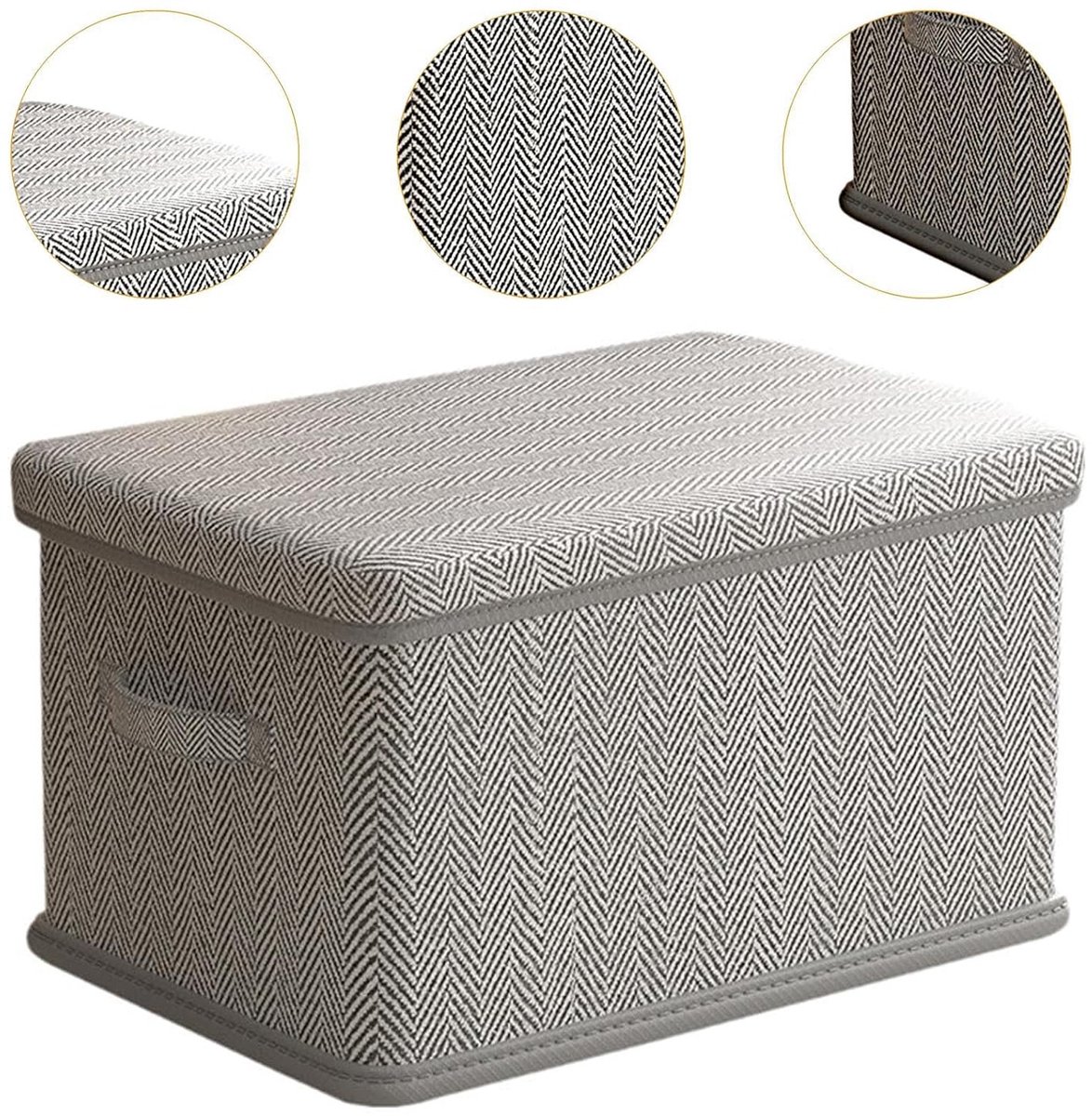 Ruime opbergdoos van stof met deksel – Draagbare, diepe opbergdoos voor in de kast, geschikt voor kleding, beddengoed, enz. – Visgraatmotief, grijs, ideaal voor het organiseren van huis, kledingkast, slaapkamer of studentenkamer (50 x 40 x 33 cm)